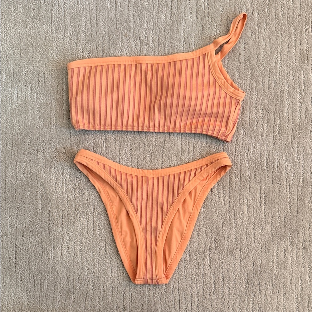 l*space Orange Ribbed One-Shoulder Bikini Set